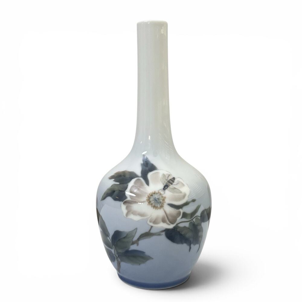 Royal Copenhagen Denmark Bud Vase Blue White Apple Blossom Bee 1977 Vtg Signed